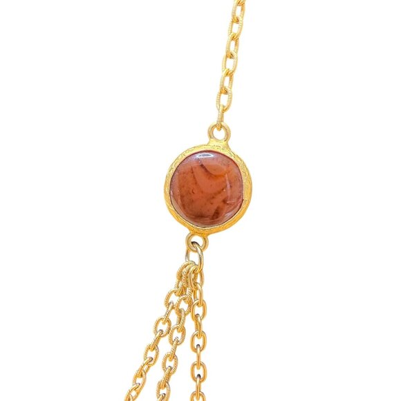 Three-Tiered Gold Tone Necklace With Amber Stone Accents 30 Inches Long Statemen - Picture 3 of 6